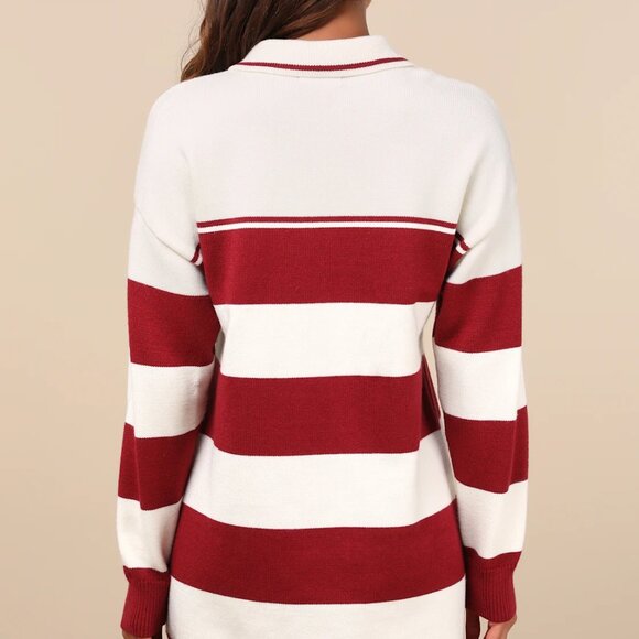 NWT Lulus Stellar Cutie Ivory And Red Striped Collared Sweater Mini Dress White - Picture 4 of 4